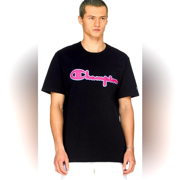 NWOT/ Champion  Heritage Chainstitch Logo T-Shirt/black, pink, baby blue script - Picture 1 of 4